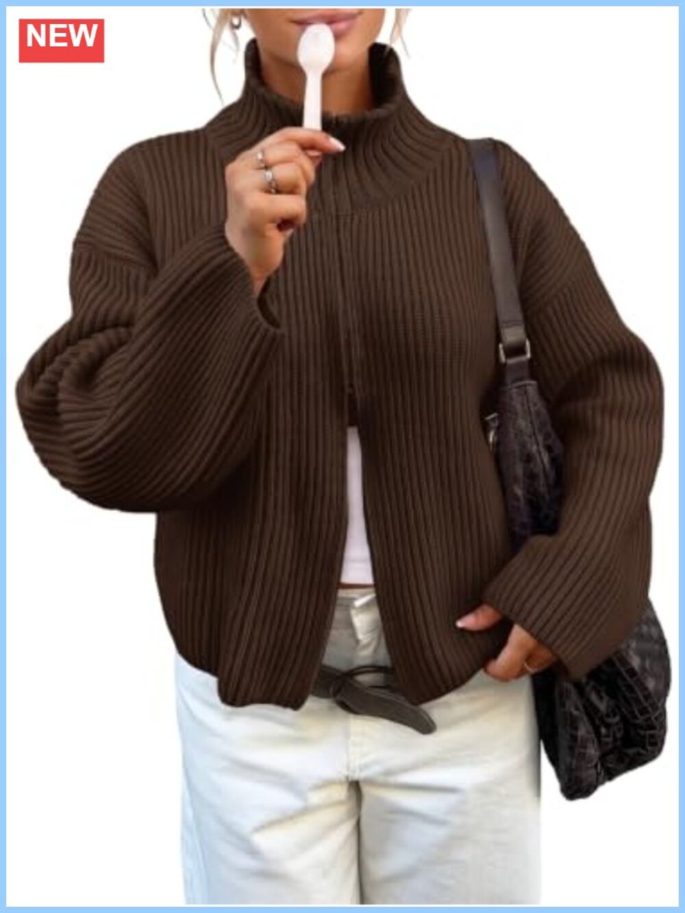 Chunky Ribbed Knit Zip Up Cardigan Mock Neck Long Sleeve Women Sweater Jacket